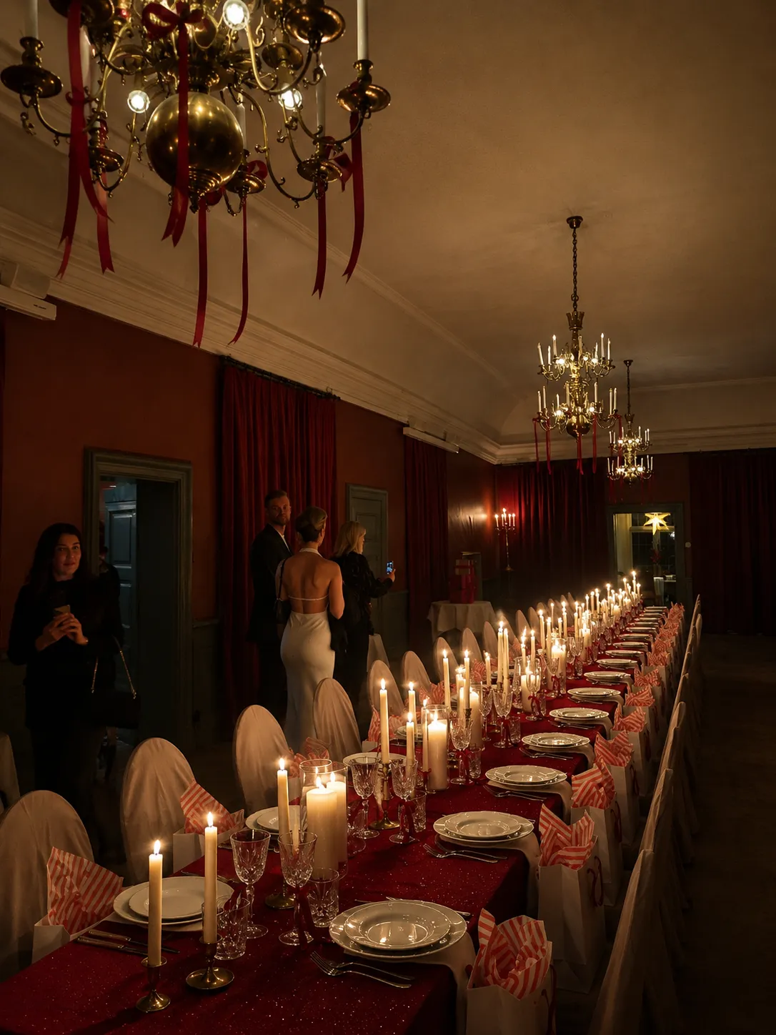 Långbord med röd sammetsduk, hundratals levande ljus och kristallkronor med röda sidenband i slottets julsal