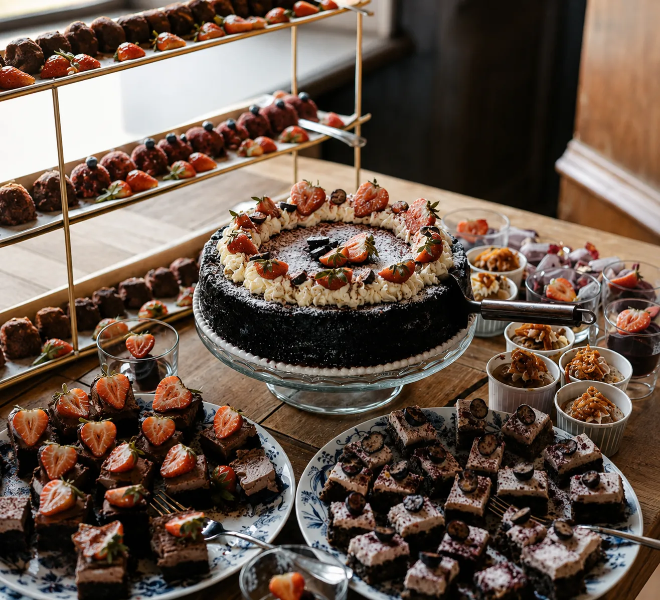 Dessertbord med chokladtårta, jordgubbar och bakverk i etagerer