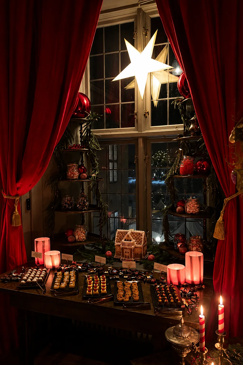 Julens plockbord och pepparkakshus under adventsstjärnan