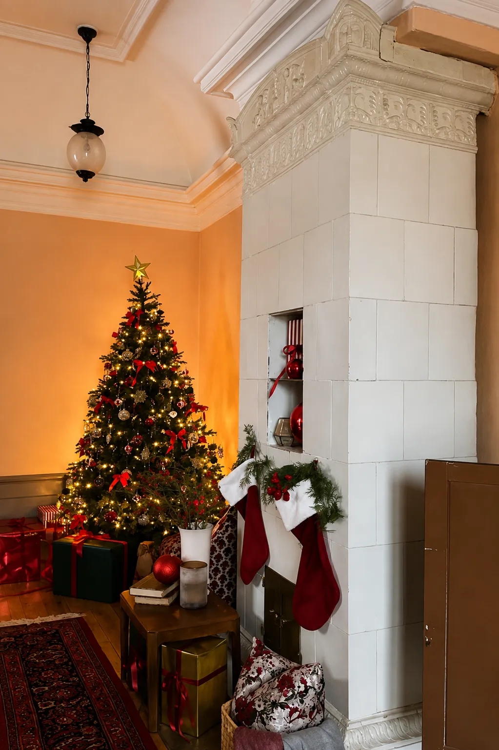 Julgran med varm belysning och inslagna paket bredvid vit kakelugn med julstrumpor