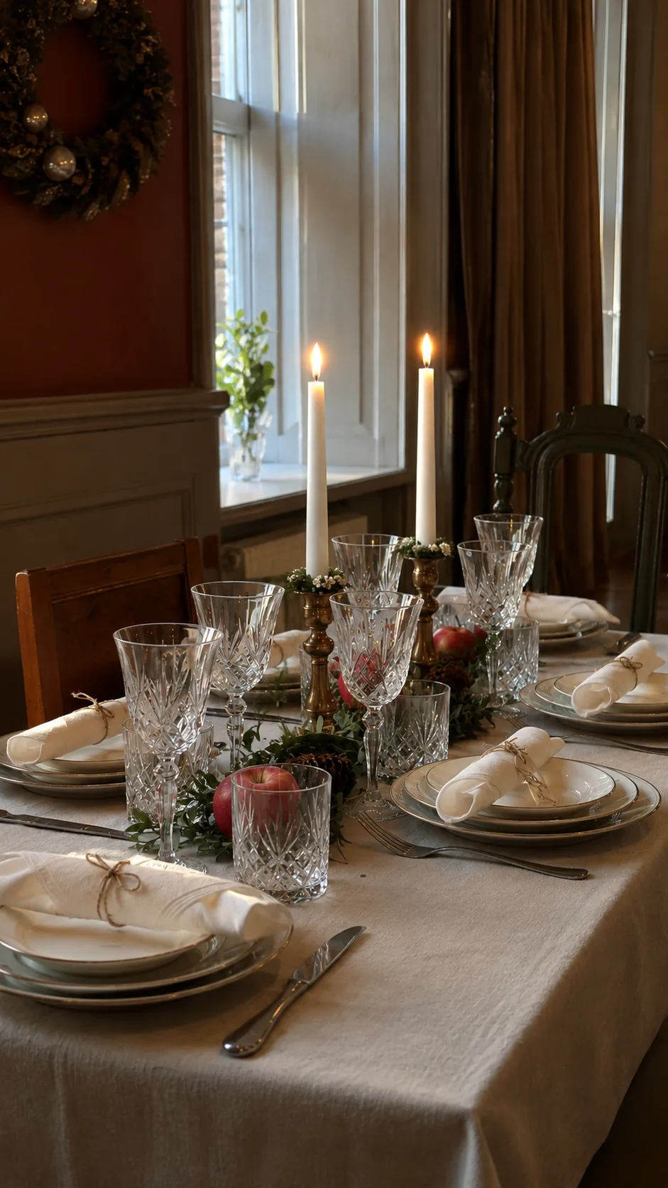 Juldukning med linneduk, kristallglas, kronljus och röda äpplen framför fönstret