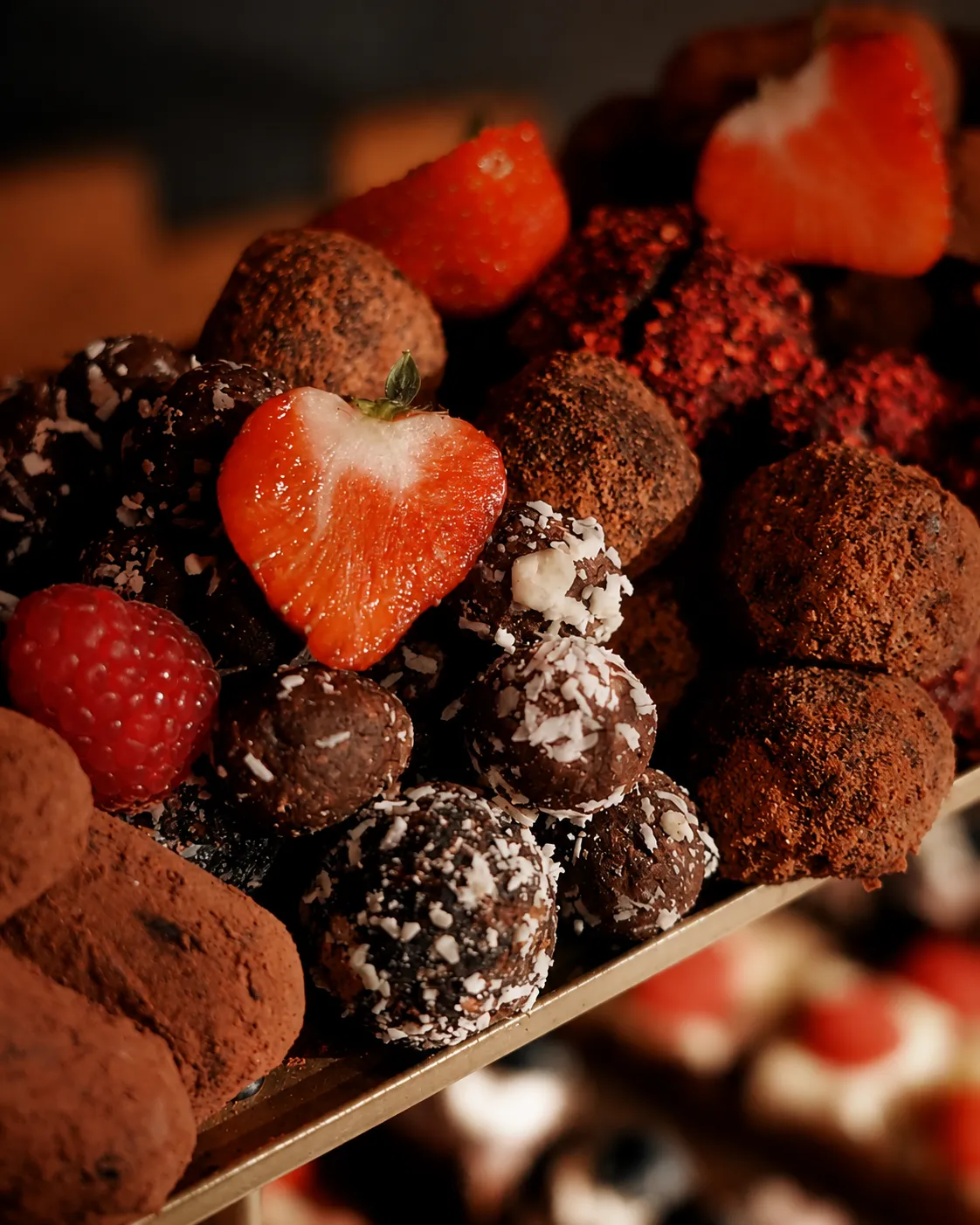 Chokladtryfflar med kokos och färska jordgubbar på gyllene fat