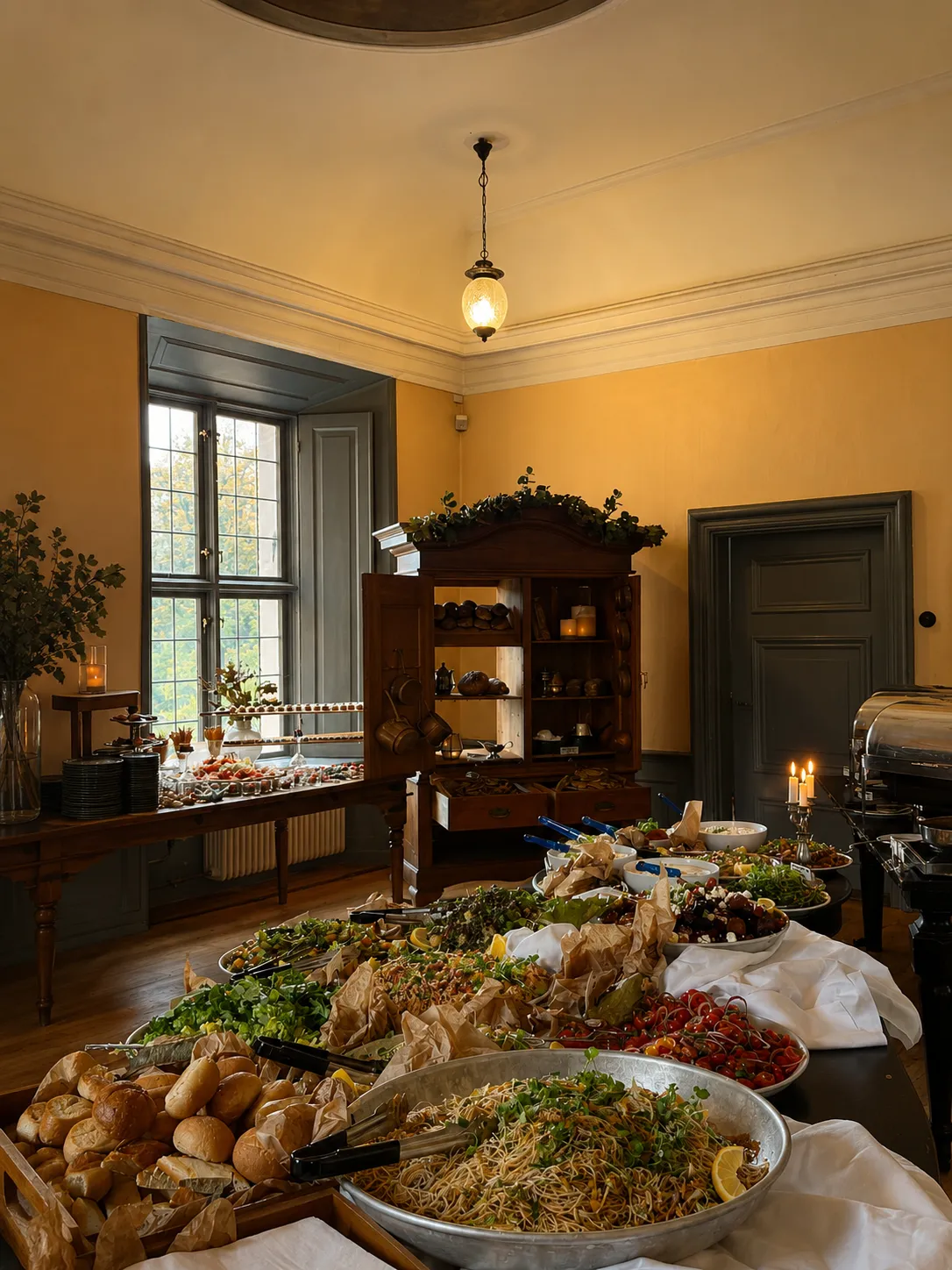 Brunchbordet dukat med kalla och varma rätter