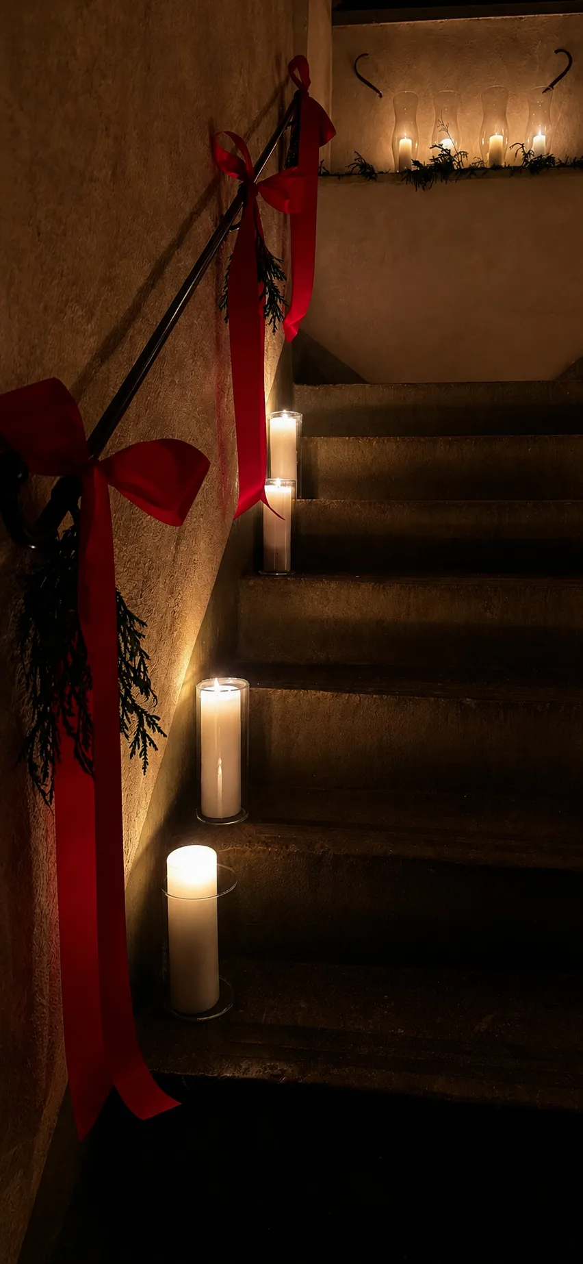 Slottstrappa med röda sidenrosetter, granris och levande ljus