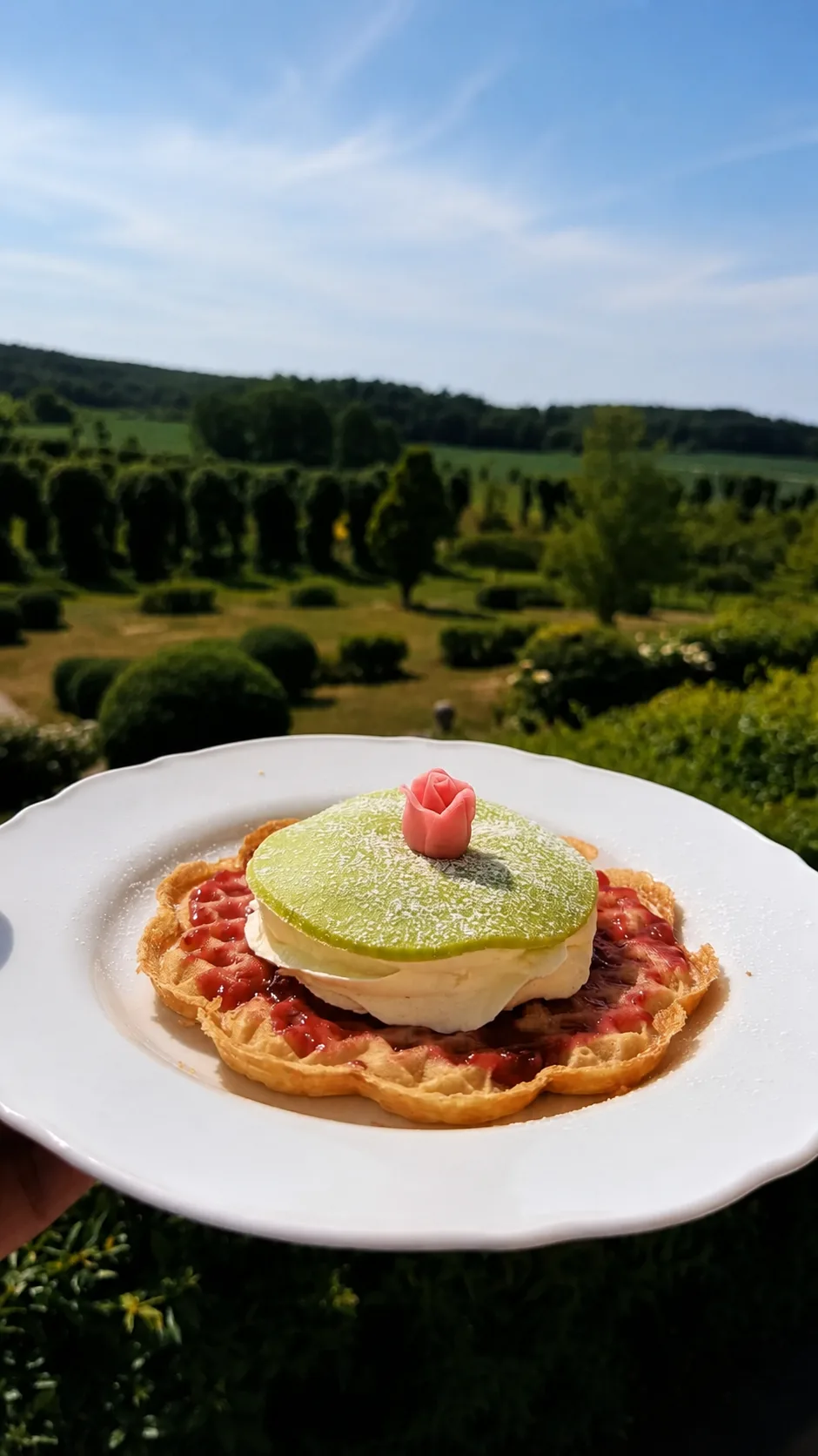 Prinsesstårtsvåffla hålls upp mot slottsparkens formklippta häckar en sommardag