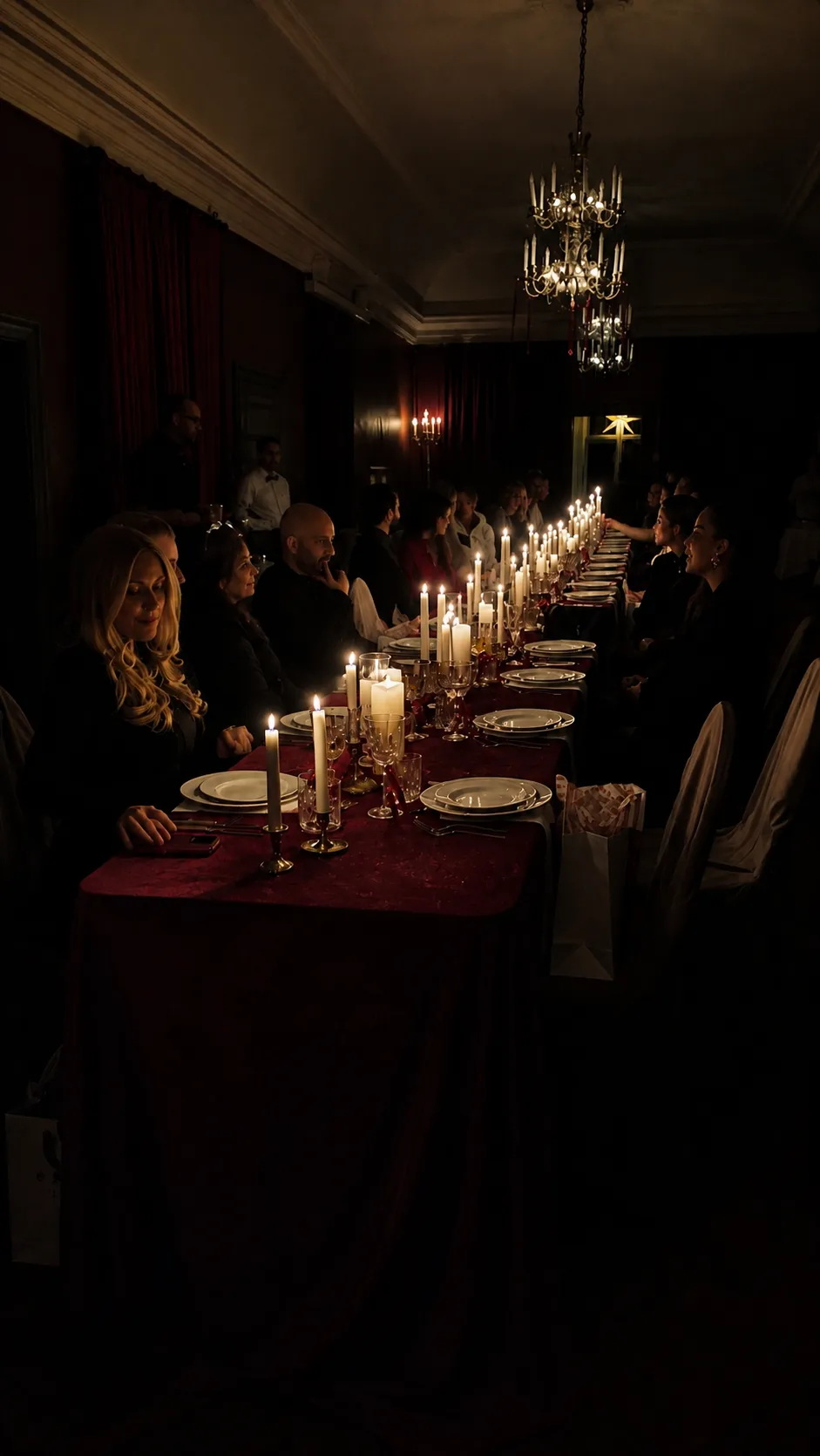 Gäster samlade vid ett långt julbord under kristallkrona i slottets salong